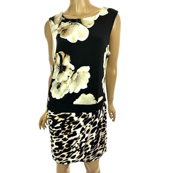 New York Co Sleeveless Drop Waist Dress Size L Black w Large Beige/Black Flowers - Picture 1 of 6